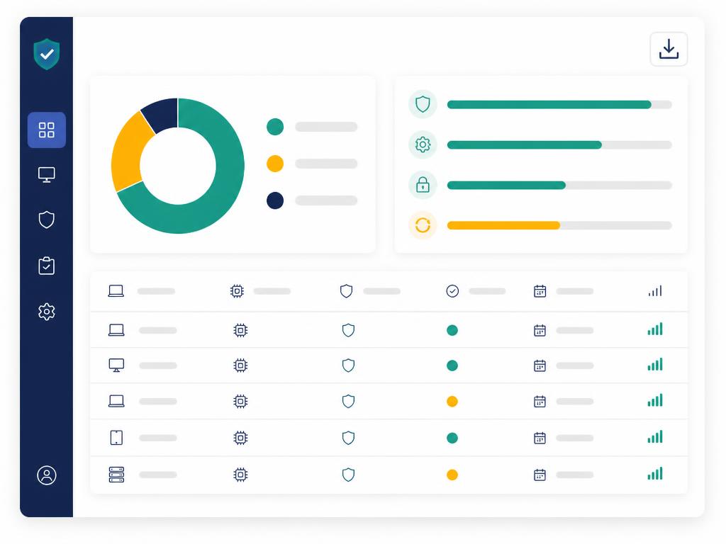 Abstract compliance dashboard with status chart and device list