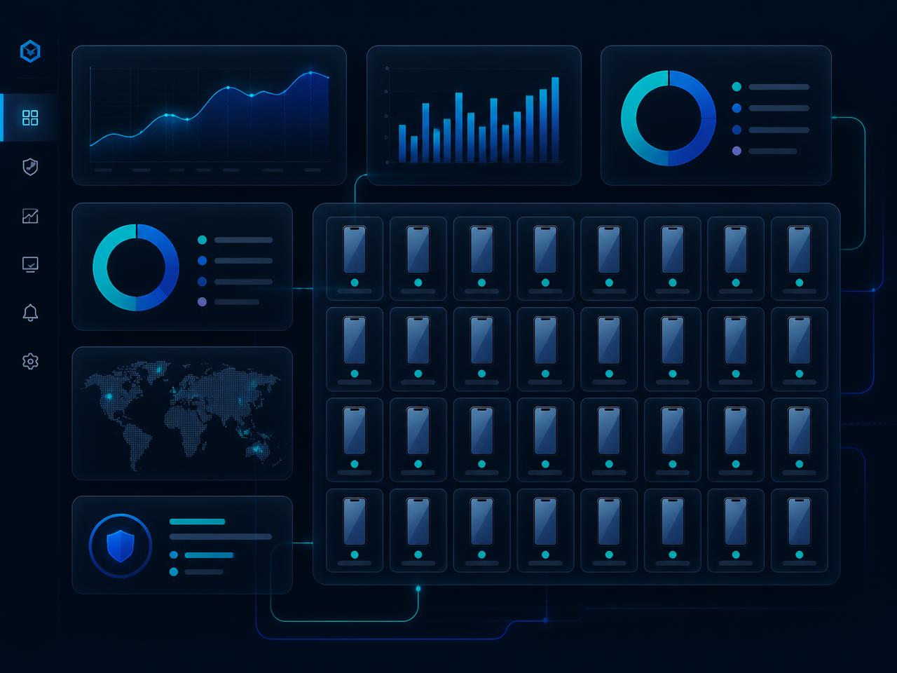 Abstract compliance dashboard showing a fleet of corporate mobile devices with patch status indicators